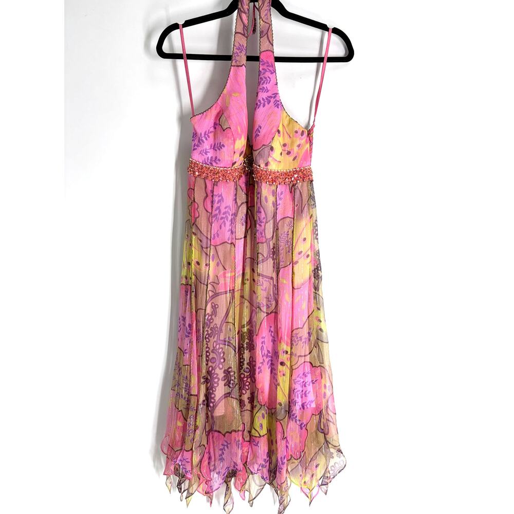 Pink Sue Wong Beaded Y2K Halter Floral Dress, 6